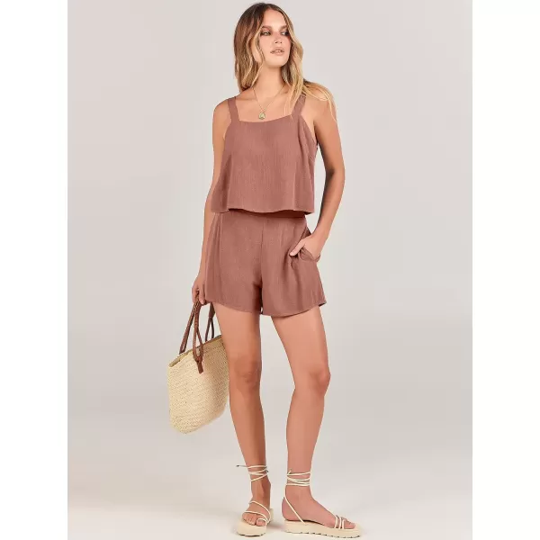 imageANRABESS Womens 2 Piece Outfits Linen Square Neck Crop Short Set Lounge Matching Sets 2024 Summer Trendy ClothesRust