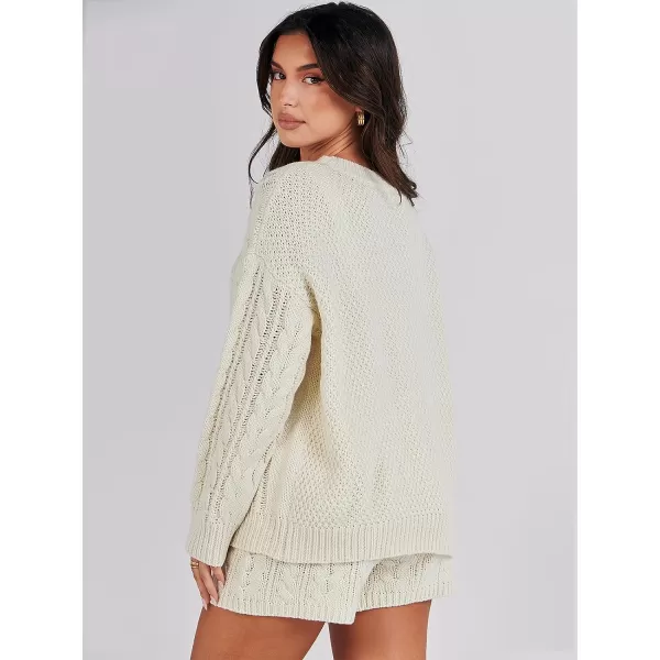 imageANRABESS Womens 2 Piece Outfits Long Sleeve Cable Knit Chunky Oversized Pullover Sweaters 2023 Winter Lounge SetsBeige