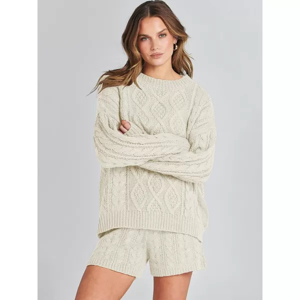 imageANRABESS Womens 2 Piece Outfits Long Sleeve Cable Knit Chunky Oversized Pullover Sweaters 2023 Winter Lounge SetsBeige
