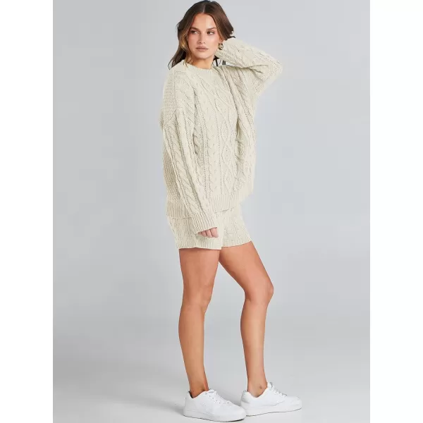 imageANRABESS Womens 2 Piece Outfits Long Sleeve Cable Knit Chunky Oversized Pullover Sweaters 2023 Winter Lounge SetsBeige