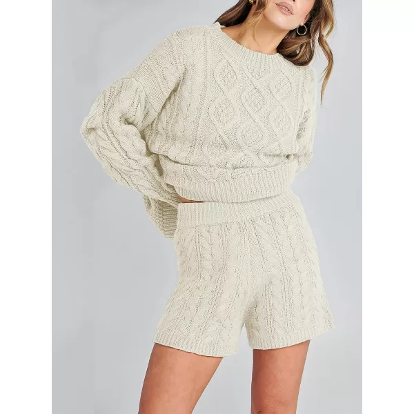 imageANRABESS Womens 2 Piece Outfits Long Sleeve Cable Knit Chunky Oversized Pullover Sweaters 2023 Winter Lounge SetsBeige