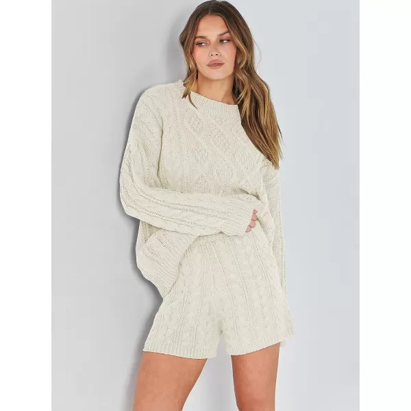 imageANRABESS Womens 2 Piece Outfits Long Sleeve Cable Knit Chunky Oversized Pullover Sweaters 2023 Winter Lounge SetsBeige