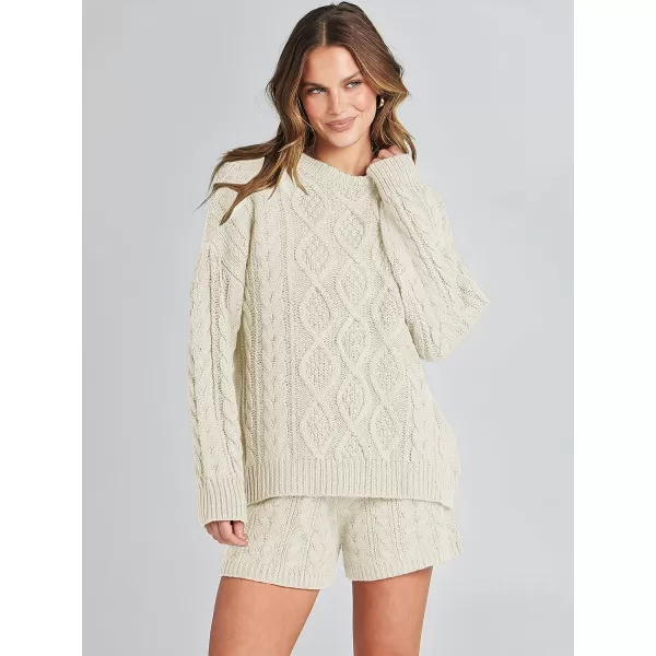 imageANRABESS Womens 2 Piece Outfits Long Sleeve Cable Knit Chunky Oversized Pullover Sweaters 2023 Winter Lounge SetsBeige