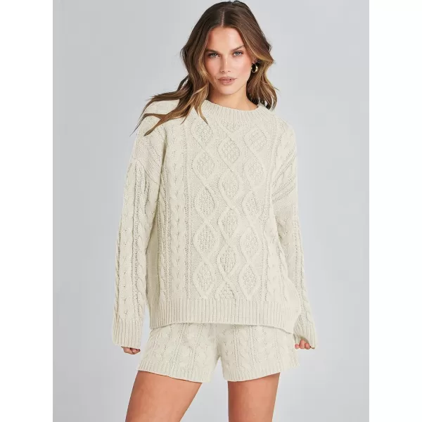 imageANRABESS Womens 2 Piece Outfits Long Sleeve Cable Knit Chunky Oversized Pullover Sweaters 2023 Winter Lounge SetsBeige