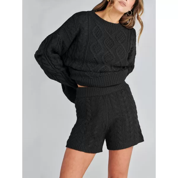 imageANRABESS Womens 2 Piece Outfits Long Sleeve Cable Knit Chunky Oversized Pullover Sweaters 2023 Winter Lounge SetsBlack