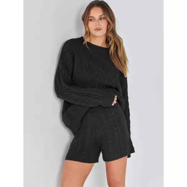 imageANRABESS Womens 2 Piece Outfits Long Sleeve Cable Knit Chunky Oversized Pullover Sweaters 2023 Winter Lounge SetsBlack