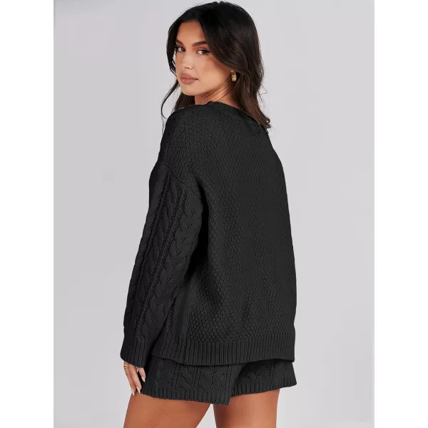imageANRABESS Womens 2 Piece Outfits Long Sleeve Cable Knit Chunky Oversized Pullover Sweaters 2023 Winter Lounge SetsBlack