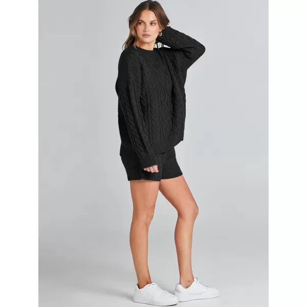 imageANRABESS Womens 2 Piece Outfits Long Sleeve Cable Knit Chunky Oversized Pullover Sweaters 2023 Winter Lounge SetsBlack