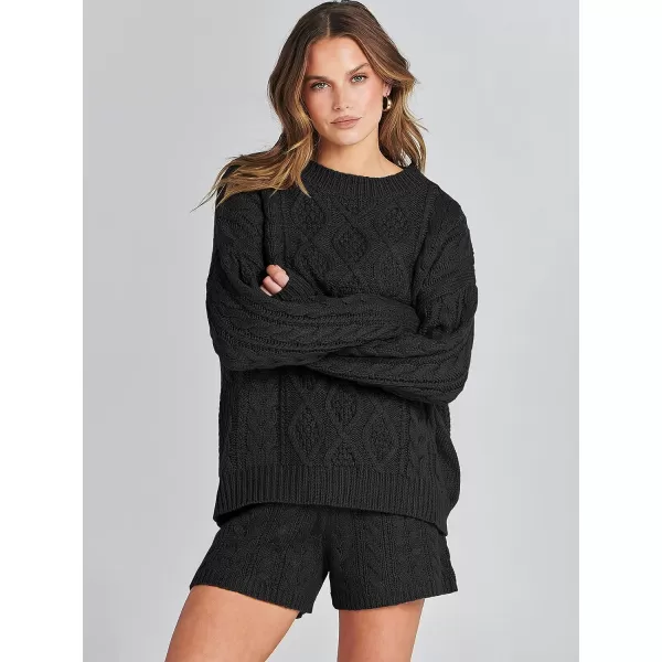 imageANRABESS Womens 2 Piece Outfits Long Sleeve Cable Knit Chunky Oversized Pullover Sweaters 2023 Winter Lounge SetsBlack