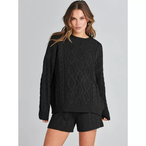 imageANRABESS Womens 2 Piece Outfits Long Sleeve Cable Knit Chunky Oversized Pullover Sweaters 2023 Winter Lounge SetsBlack