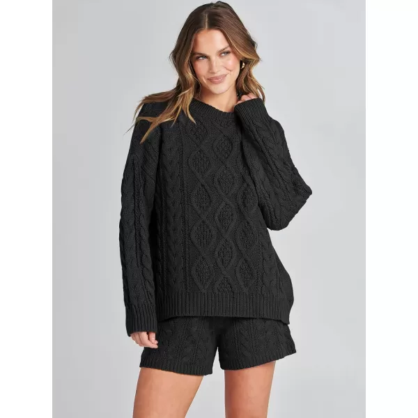 imageANRABESS Womens 2 Piece Outfits Long Sleeve Cable Knit Chunky Oversized Pullover Sweaters 2023 Winter Lounge SetsBlack