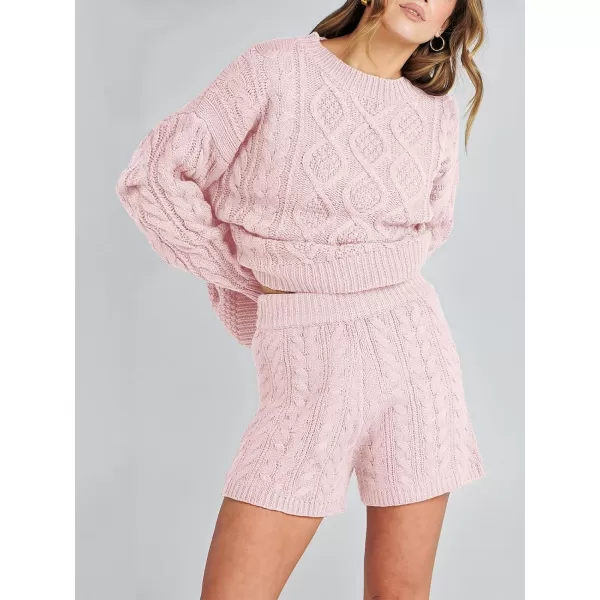 imageANRABESS Womens 2 Piece Outfits Long Sleeve Cable Knit Chunky Oversized Pullover Sweaters 2023 Winter Lounge SetsPink