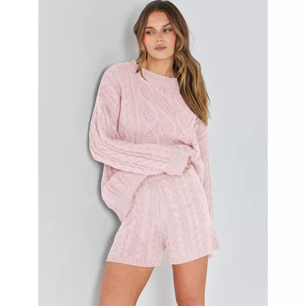 imageANRABESS Womens 2 Piece Outfits Long Sleeve Cable Knit Chunky Oversized Pullover Sweaters 2023 Winter Lounge SetsPink