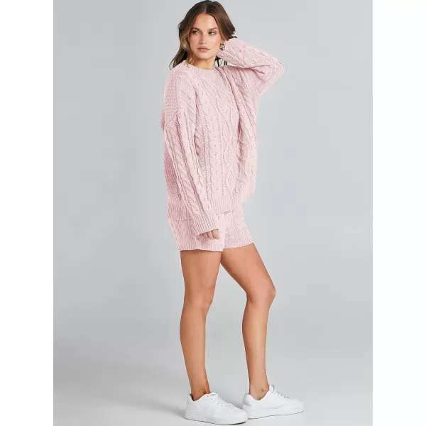 imageANRABESS Womens 2 Piece Outfits Long Sleeve Cable Knit Chunky Oversized Pullover Sweaters 2023 Winter Lounge SetsPink