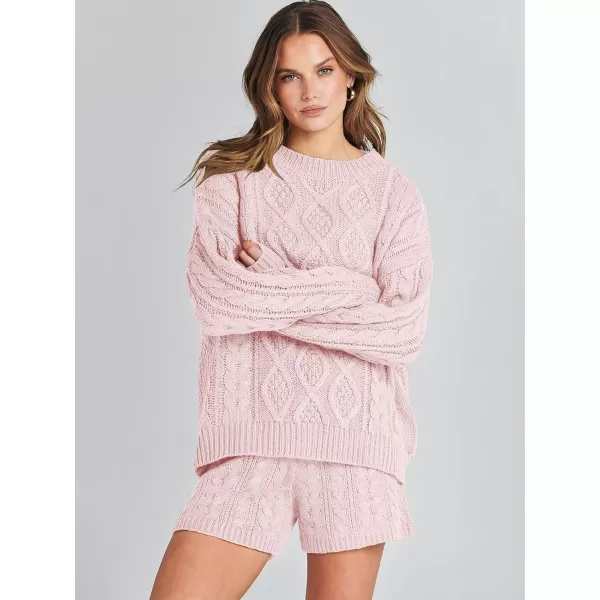 imageANRABESS Womens 2 Piece Outfits Long Sleeve Cable Knit Chunky Oversized Pullover Sweaters 2023 Winter Lounge SetsPink