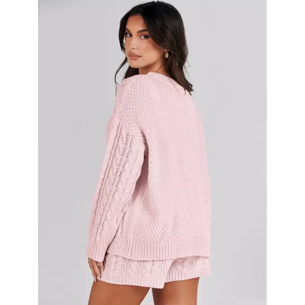 imageANRABESS Womens 2 Piece Outfits Long Sleeve Cable Knit Chunky Oversized Pullover Sweaters 2023 Winter Lounge SetsPink