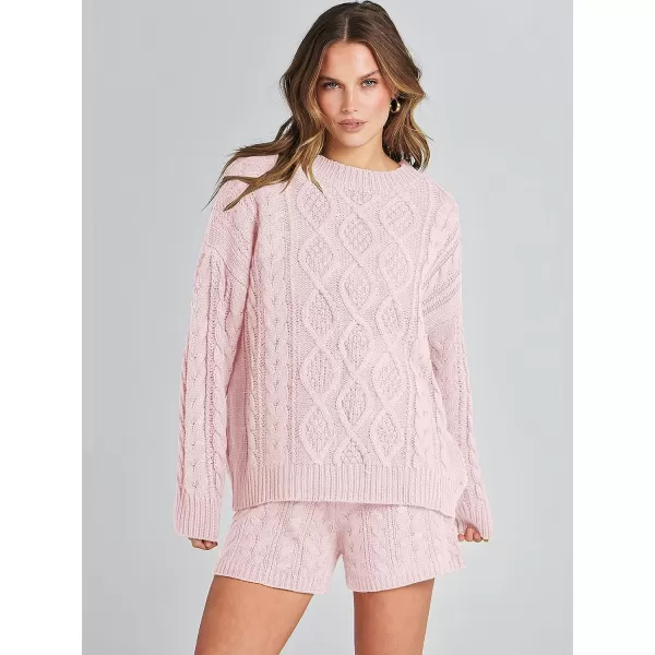 imageANRABESS Womens 2 Piece Outfits Long Sleeve Cable Knit Chunky Oversized Pullover Sweaters 2023 Winter Lounge SetsPink