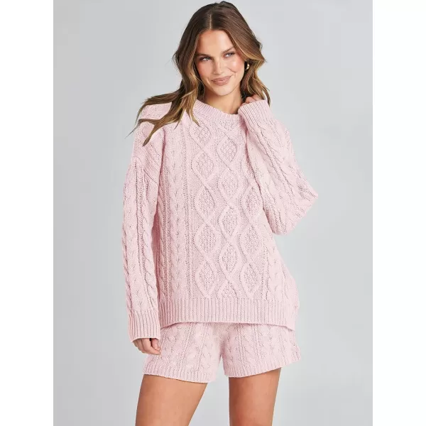 imageANRABESS Womens 2 Piece Outfits Long Sleeve Cable Knit Chunky Oversized Pullover Sweaters 2023 Winter Lounge SetsPink