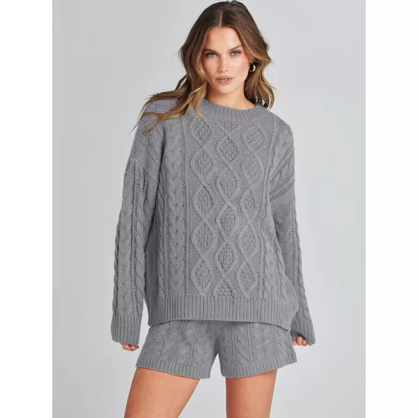 imageANRABESS Womens 2 Piece Outfits Long Sleeve Cable Knit Chunky Oversized Pullover Sweaters 2023 Winter Lounge SetsSilver Grey