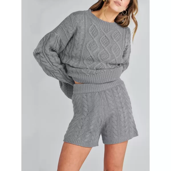 imageANRABESS Womens 2 Piece Outfits Long Sleeve Cable Knit Chunky Oversized Pullover Sweaters 2023 Winter Lounge SetsSilver Grey