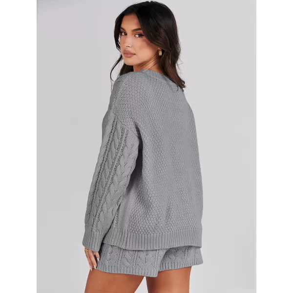 imageANRABESS Womens 2 Piece Outfits Long Sleeve Cable Knit Chunky Oversized Pullover Sweaters 2023 Winter Lounge SetsSilver Grey