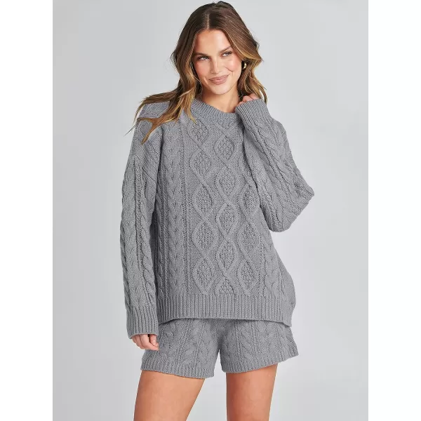 imageANRABESS Womens 2 Piece Outfits Long Sleeve Cable Knit Chunky Oversized Pullover Sweaters 2023 Winter Lounge SetsSilver Grey