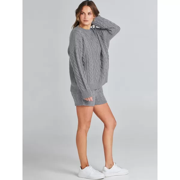 imageANRABESS Womens 2 Piece Outfits Long Sleeve Cable Knit Chunky Oversized Pullover Sweaters 2023 Winter Lounge SetsSilver Grey