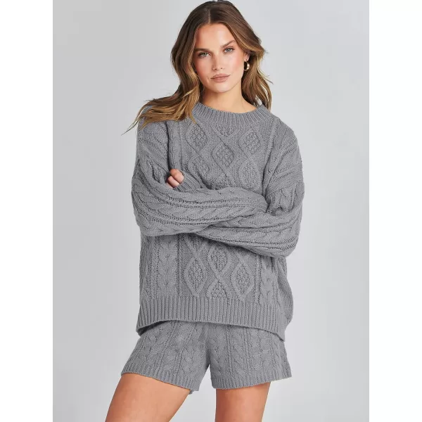 imageANRABESS Womens 2 Piece Outfits Long Sleeve Cable Knit Chunky Oversized Pullover Sweaters 2023 Winter Lounge SetsSilver Grey