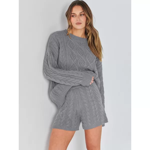 imageANRABESS Womens 2 Piece Outfits Long Sleeve Cable Knit Chunky Oversized Pullover Sweaters 2023 Winter Lounge SetsSilver Grey