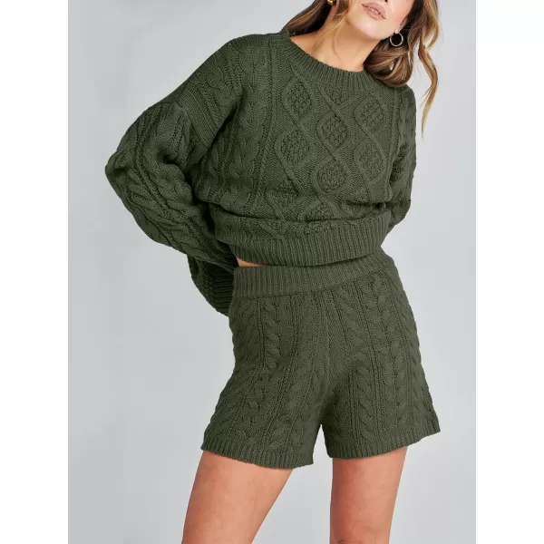 imageANRABESS Womens 2 Piece Outfits Long Sleeve Cable Knit Chunky Oversized Pullover Sweaters Winter Lounge Loungewear SetsArmy Green