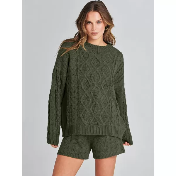 imageANRABESS Womens 2 Piece Outfits Long Sleeve Cable Knit Chunky Oversized Pullover Sweaters Winter Lounge Loungewear SetsArmy Green