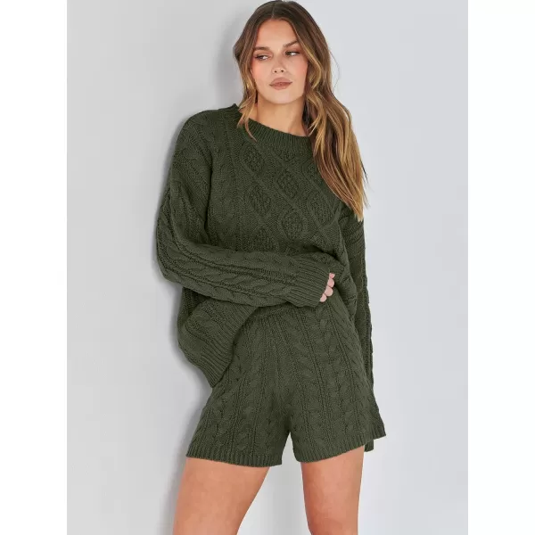 imageANRABESS Womens 2 Piece Outfits Long Sleeve Cable Knit Chunky Oversized Pullover Sweaters Winter Lounge Loungewear SetsArmy Green