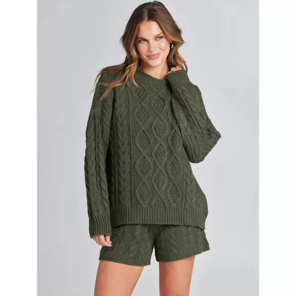 imageANRABESS Womens 2 Piece Outfits Long Sleeve Cable Knit Chunky Oversized Pullover Sweaters Winter Lounge Loungewear SetsArmy Green