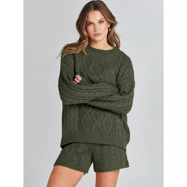 imageANRABESS Womens 2 Piece Outfits Long Sleeve Cable Knit Chunky Oversized Pullover Sweaters Winter Lounge Loungewear SetsArmy Green