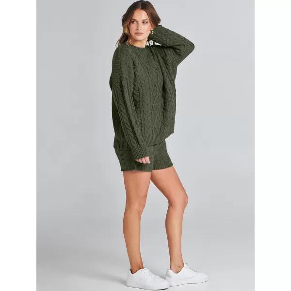 imageANRABESS Womens 2 Piece Outfits Long Sleeve Cable Knit Chunky Oversized Pullover Sweaters Winter Lounge Loungewear SetsArmy Green