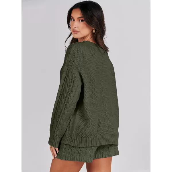 imageANRABESS Womens 2 Piece Outfits Long Sleeve Cable Knit Chunky Oversized Pullover Sweaters Winter Lounge Loungewear SetsArmy Green