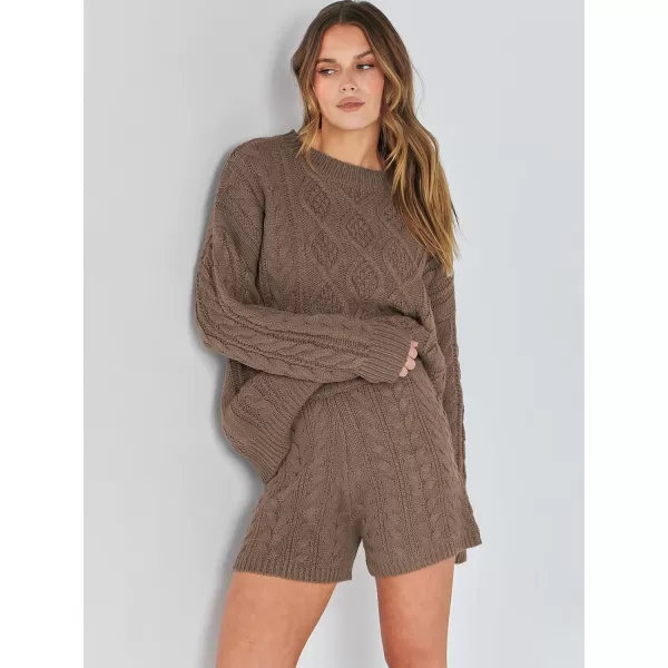 imageANRABESS Womens 2 Piece Outfits Long Sleeve Cable Knit Chunky Oversized Pullover Sweaters Winter Lounge Loungewear SetsBrown
