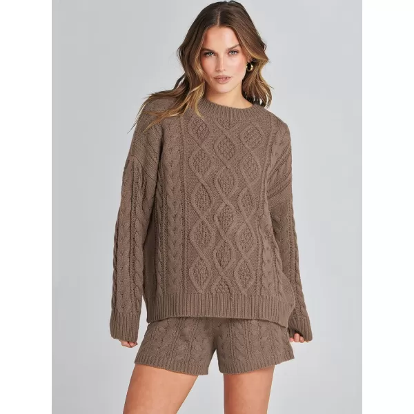 imageANRABESS Womens 2 Piece Outfits Long Sleeve Cable Knit Chunky Oversized Pullover Sweaters Winter Lounge Loungewear SetsBrown
