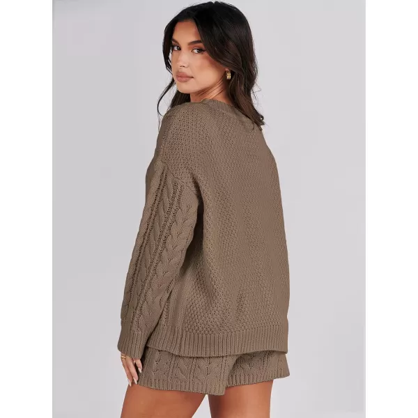 imageANRABESS Womens 2 Piece Outfits Long Sleeve Cable Knit Chunky Oversized Pullover Sweaters Winter Lounge Loungewear SetsBrown