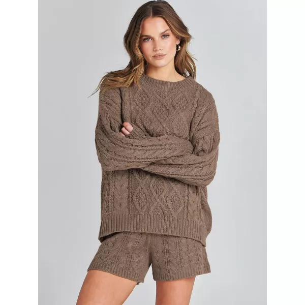 imageANRABESS Womens 2 Piece Outfits Long Sleeve Cable Knit Chunky Oversized Pullover Sweaters Winter Lounge Loungewear SetsBrown