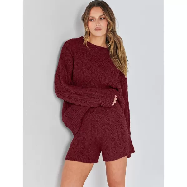 imageANRABESS Womens 2 Piece Outfits Long Sleeve Cable Knit Chunky Oversized Pullover Sweaters Winter Lounge Loungewear SetsBurgundy