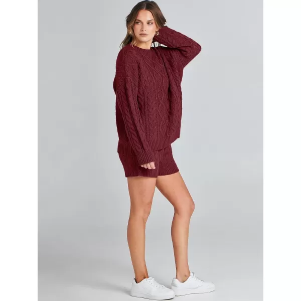 imageANRABESS Womens 2 Piece Outfits Long Sleeve Cable Knit Chunky Oversized Pullover Sweaters Winter Lounge Loungewear SetsBurgundy