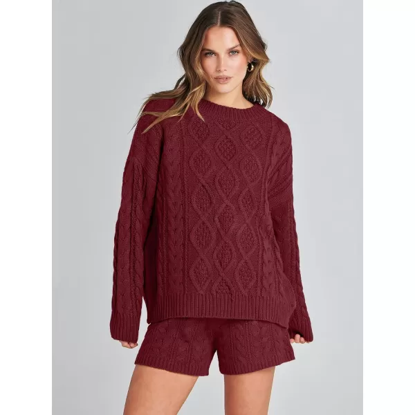 imageANRABESS Womens 2 Piece Outfits Long Sleeve Cable Knit Chunky Oversized Pullover Sweaters Winter Lounge Loungewear SetsBurgundy