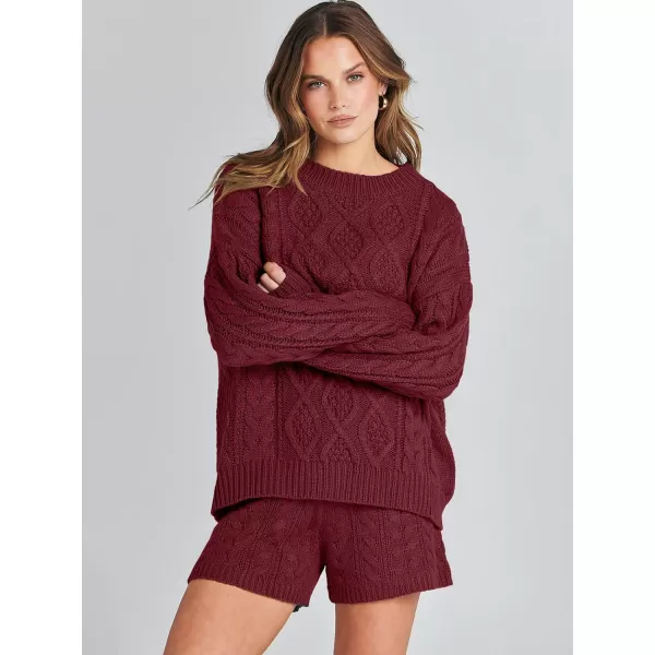 imageANRABESS Womens 2 Piece Outfits Long Sleeve Cable Knit Chunky Oversized Pullover Sweaters Winter Lounge Loungewear SetsBurgundy