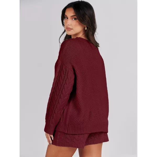 imageANRABESS Womens 2 Piece Outfits Long Sleeve Cable Knit Chunky Oversized Pullover Sweaters Winter Lounge Loungewear SetsBurgundy
