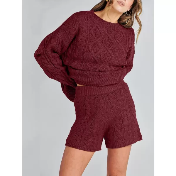 imageANRABESS Womens 2 Piece Outfits Long Sleeve Cable Knit Chunky Oversized Pullover Sweaters Winter Lounge Loungewear SetsBurgundy