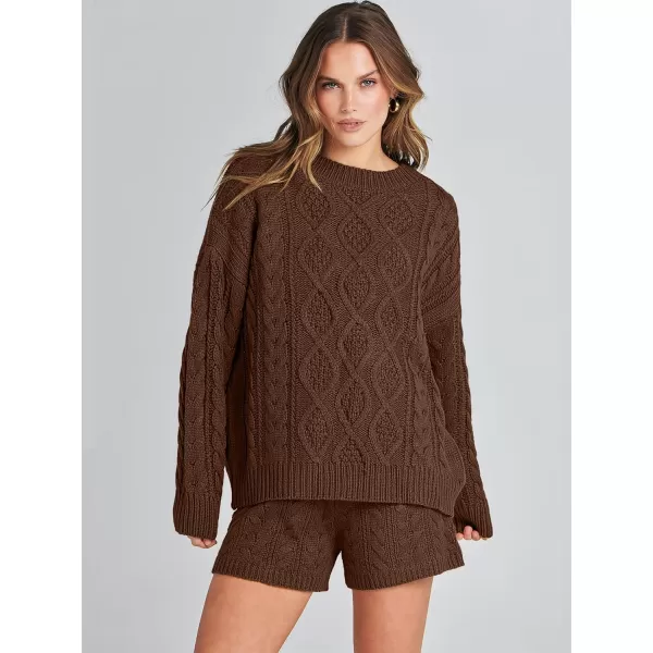 imageANRABESS Womens 2 Piece Outfits Long Sleeve Cable Knit Chunky Oversized Pullover Sweaters Winter Lounge Loungewear SetsCoffee