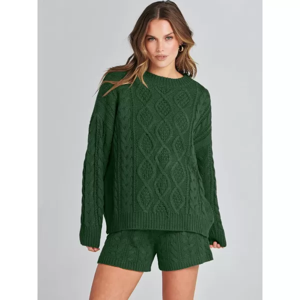 imageANRABESS Womens 2 Piece Outfits Long Sleeve Cable Knit Chunky Oversized Pullover Sweaters Winter Lounge Loungewear SetsDeep Green