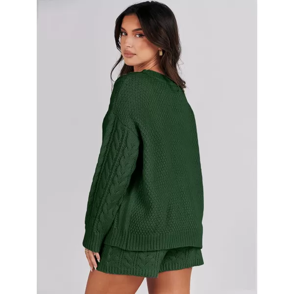 imageANRABESS Womens 2 Piece Outfits Long Sleeve Cable Knit Chunky Oversized Pullover Sweaters Winter Lounge Loungewear SetsDeep Green