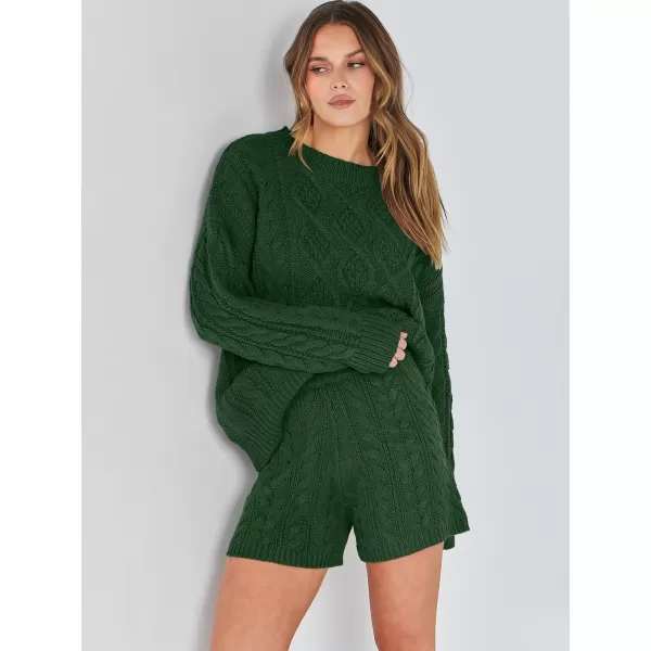 imageANRABESS Womens 2 Piece Outfits Long Sleeve Cable Knit Chunky Oversized Pullover Sweaters Winter Lounge Loungewear SetsDeep Green